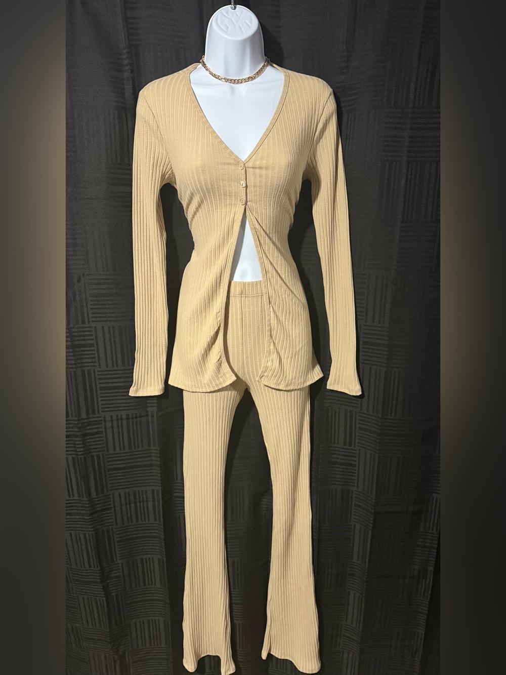 Tan Ribbed Pant Set, M - Picture 3 of 3